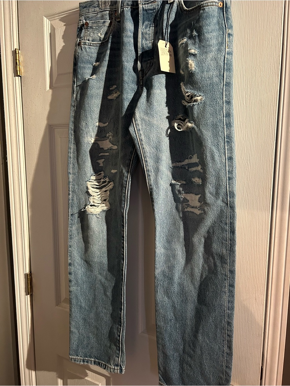 Levi's Light Blue Distressed Straight-Leg 501 Button Fly Jeans